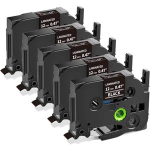 MarkDomain TZe-335 P Touch Label Tape White on Black Replacement for Brother TZe TZ Tape 12mm 0.47 Inch Laminated Black Label Maker Tape for Brother PT-D220 PT-D210 PT-H110 PT-1880, 5-Pack