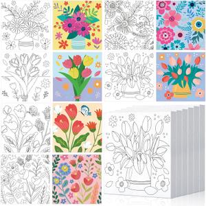 Honoson 6 Pcs 6 Inch Pre Drawn Outline Canvas Paint Kit with Pictures for Adults Paint Party Stretched Canvas Art Boards Set for Adult Beginner(Floral Style)