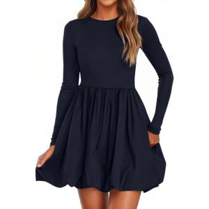 PRETTYGARDEN Fall Dresses for Women 2025 Casual Long Sleeve Bubble Cute Crew Neck A Line Mini Short Dress with Pockets 
(Navy, Small)