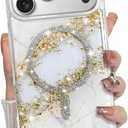 Bonoma for iPhone 17 Pro Case 2025 Magnetic Support for Magsafe Glitter Sparkly Marble Crystal Shockproof Edge Cover -White