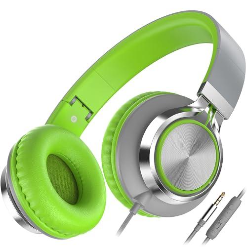 AILIHEN C8 Headphones Wired, On-Ear Headphones with Microphone and Volume Control, Corded 3.5mm Headset for Boys Girl School Smartphones Chromebook Laptop Computer Tablets Airplane Travel (Grey/Green)