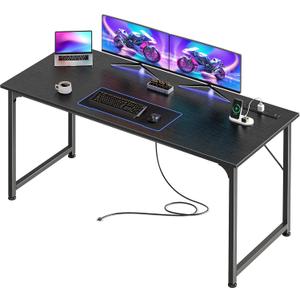 PRAISUN 55 X 20 Inch Office Computer Desk with Power Outlets and USB-C Port, Larger and Longer Gaming Desk, for Home Office, Study, Bedroom, Writing Work from Home Table, Metal Frame, Black