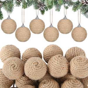 Syhood 18 Pcs 1.57 Inches Mini Christmas Ball Ornaments Boho Farmhouse Jute Rope Hanging Balls Burlap Neutral Rustic Ornaments for Xmas Tree Holiday Wreath Garland Wedding Home (Linen)