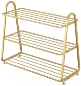 CUTMKGK Front Door Entrance Small Shoe Rack,Shoe Organizer Entryway Narrow All-Metal Closet Stackable Outdoor Weatherproof Shoe Holder Free Standing Wall Garage 3 Tier Room Shoe Shelf (Gold,H/22.8in)