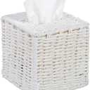 MyGift Decorative White Woven Square Tissue Box Holder with Easy Open Refill Bottom, Bathroom Decor Facial Tissues Cover with Sturdy Paper Rope Material