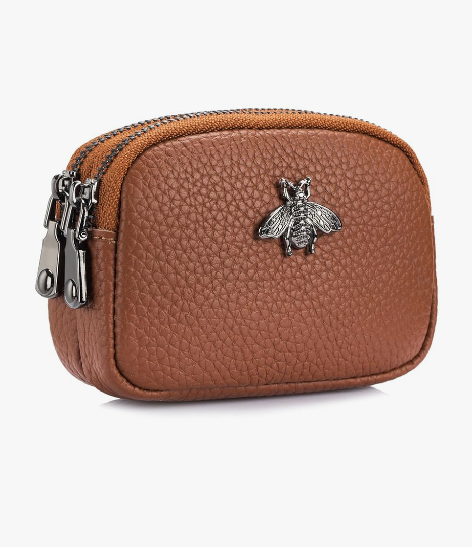  Women Leather Coin Purse, Small 2 Zippered Change Pouch Wallet
