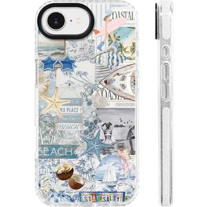 For iPhone 16e & iPhone 17e Case [Military-Grade Drop Protection/Salty TPU Protective/Camera Control/Girls Teens] - Tropical Blue Beach Collage Pattern with Coastal Summer Vibe