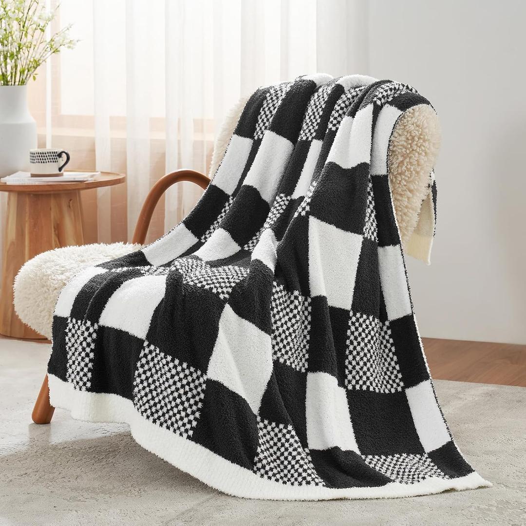 Snuggle Sac Checkered Blanket, Black Throw Blanket for Couch Plaid Microfiber Fluffy Warm Fuzzy Cozy Soft Throw Blanket Reversible Checkerered Blankets for Sofa, Chair, Bed, 50x60 inches