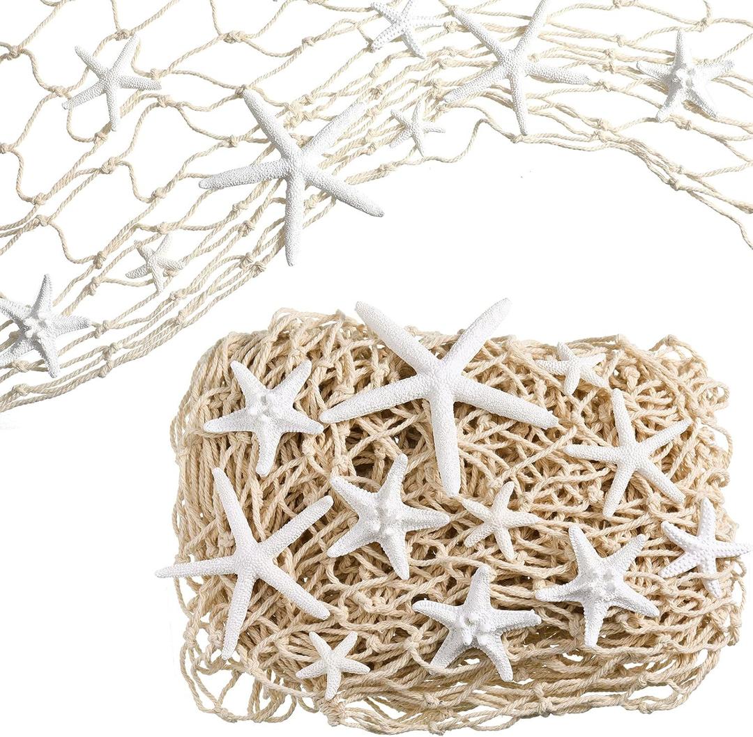 21 Pieces Starfish Ornament Sets Starfish Decor Fish Net Sea Wall Decor Fishnet Nautical Decoration for Crafts Beach Wedding Mermaid Party Under The Sea Party Decorations(White)