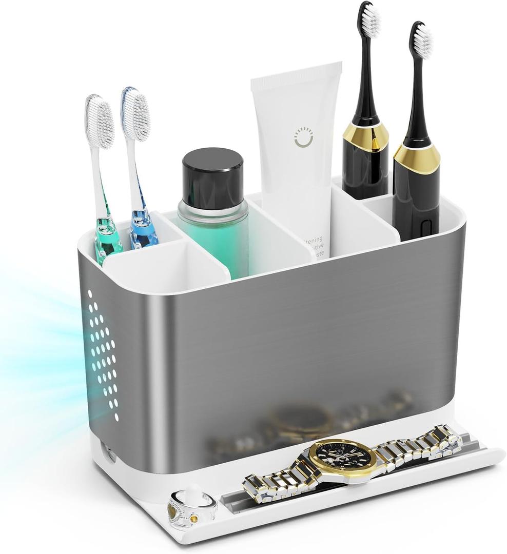 Bathroom Countertop Organizer with Front Ledge for Phone, Detachable Kids Toothbrush Holders with Cord Slots and Ring Holder, 6 Slots Toothbrush Toothpaste Holder with Drainage for Family (Silver)