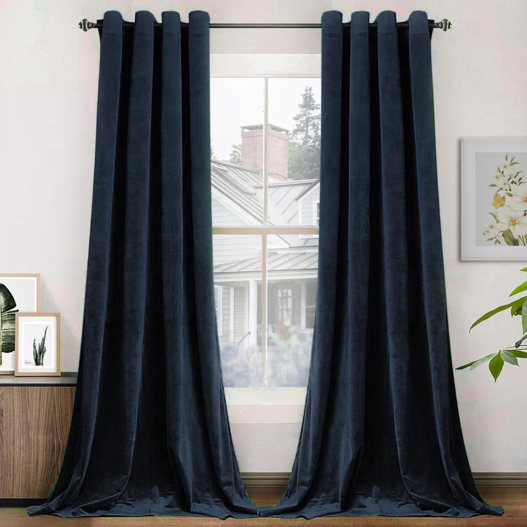 SMILETIME Navy Blue 90in Long Velvet Curtains with Grommet, Thermal Insulated Super Soft Privacy Noise Reducing Light Filtering Velvet Curtains for Living Room, 2 Panels, Each 52 x 90inches Long (52"W x 90"L (Pack of 2), Navy Blue)
