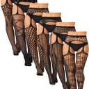 Skylety 6 Pairs Fishnet Stockings for Women Plus Size Thigh-high Tights Stockings Suspender Pantyhose Garter Belts (X-Large-XX-Large, Elegant Black)