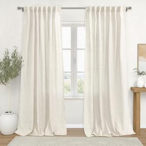 KOUFALL 60 Inch Wide Linen Curtains, Privacy Sheer Light Filtering Boho Back Tab Pleated Curtains for Living Room Bedroom, 60x90 Inch Long, 2 Panel Set, Cream Beige (Natural)
