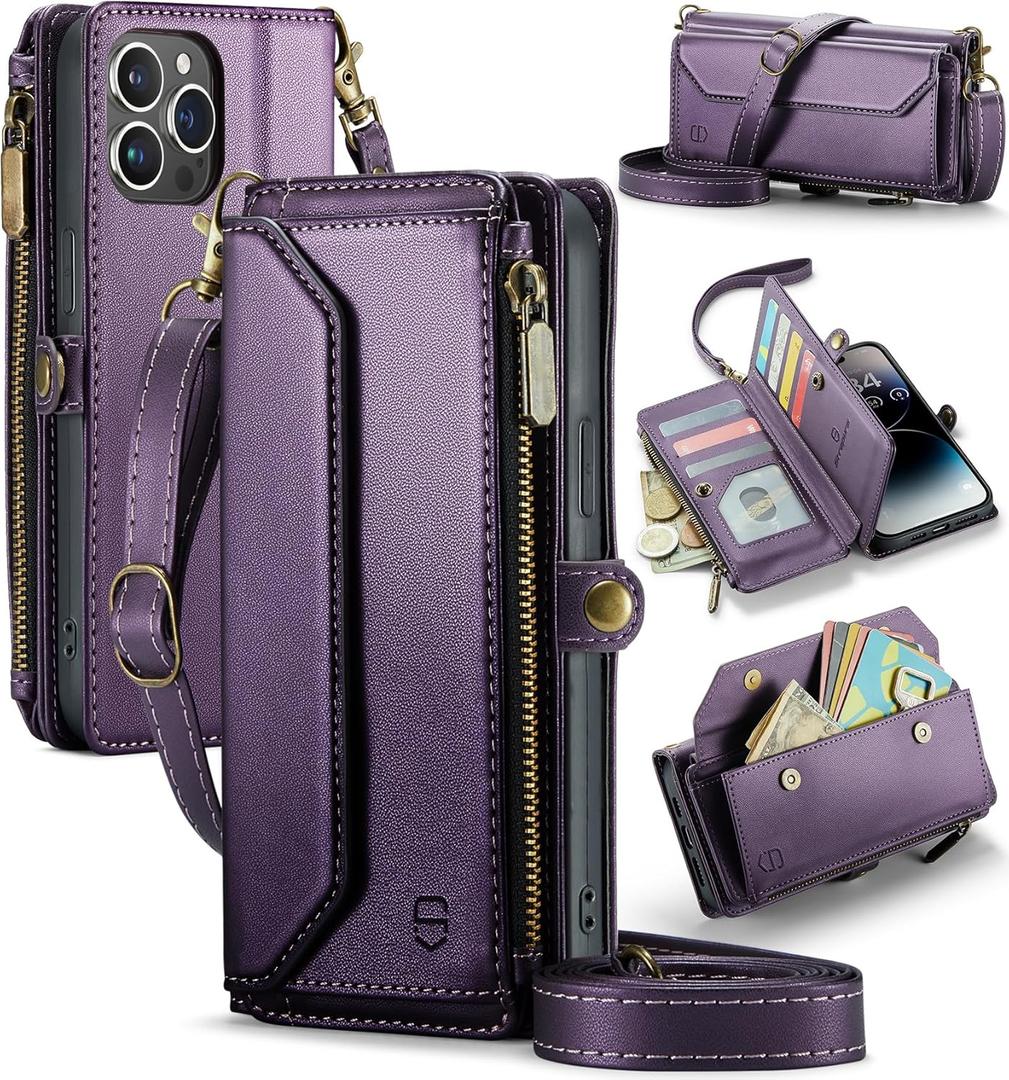 Wallet Case Compatible with iPhone 14 Pro Max RFID Blocking 10-Card Holder Soft PU Leather Magnetic Snap Shoulder Strap Zipper Pocket Phone Case Fit for iPhone 14 Pro Max - Purple
