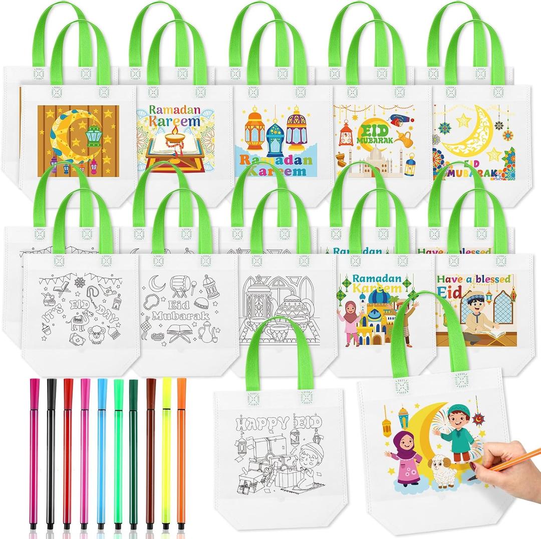 Bulyoou 60 Pack Ramadan Coloring Goodie Bags for Kids Bulk with Coloring Pens Reusable Eid Mubarak Gift Bags Ramadan Crafts for Home School DIY Activities Party Supplies, 12 Styles
