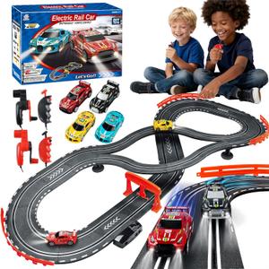 Slot Car Race Track Sets with 4 High-Speed Racing Cars, 2 Control Method Hand-cranked and Electric Generator, Car with Dual Racing Lap Counter Circular Overpass Track Toys Gifts for Kids and Adults