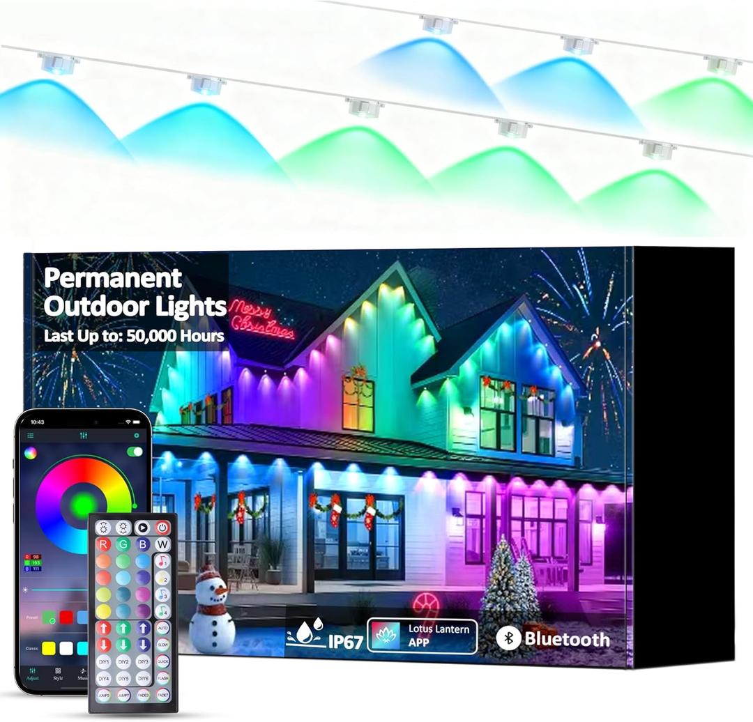 50FT RGB Permanent Outdoor Lights, LED String Lights with APP & Remote Control, IP67 Waterproof Multicolor Eaves Lights for Christmas Halloween Party, Garden, House Decor Rope Lights