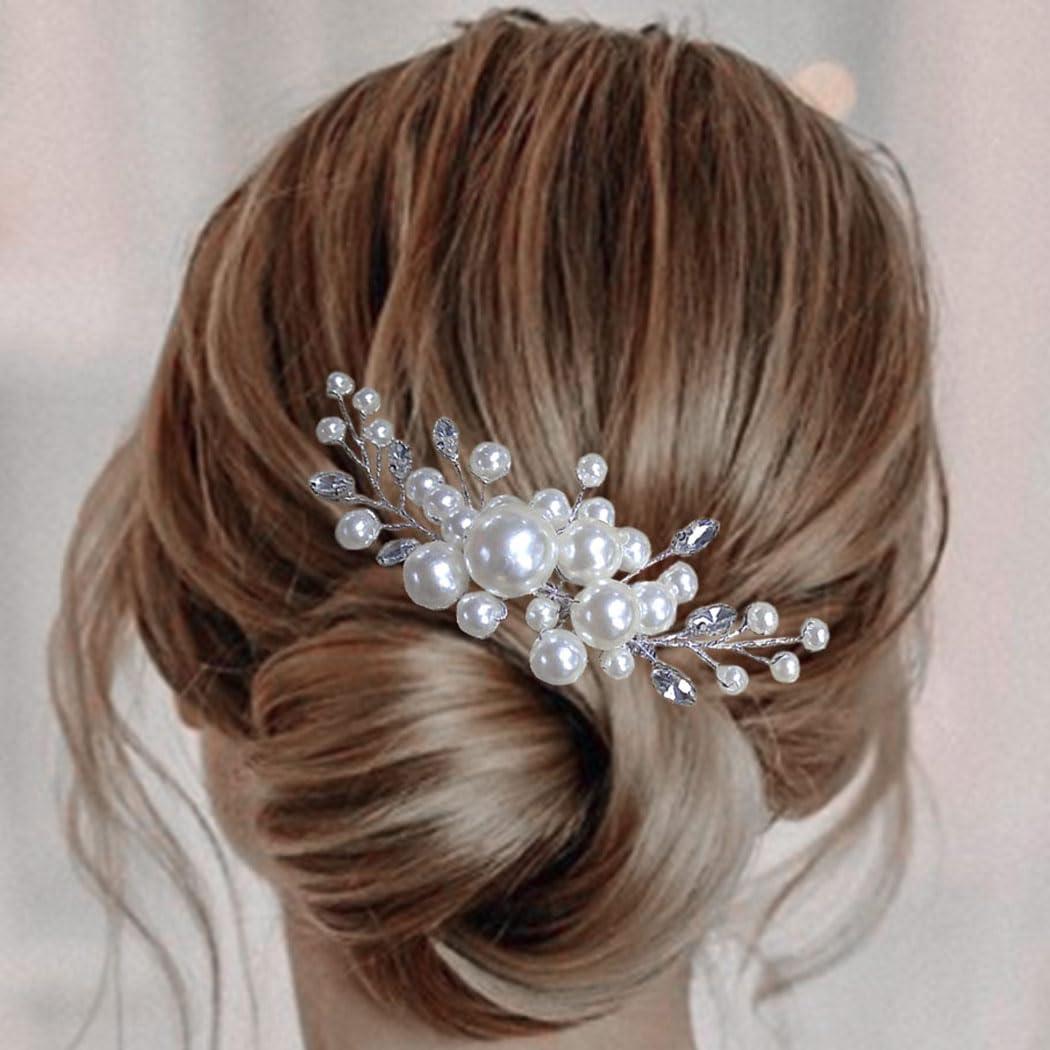 Evild Pearl Hair Accessories Wedding Bride Hair Comb Bridal Hair Pieces for Women (Silver)