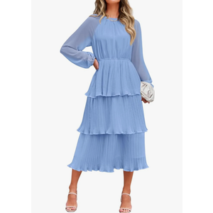 ZESICA Women's 2025 Long Sleeve Crew Neck Ruffle Tiered Layered Chiffon Flowy Swing 2025 Long Midi Dress, Size M