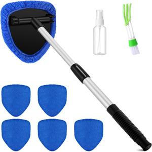 8 Pcs Car Windshield Cleaner Tool Kit with Extendable Handle, Microfiber Towel Pads, Brush, Empty Spray Bottle for Auto Glass Wiper Suvs Rvs & Home Windows(Blue)