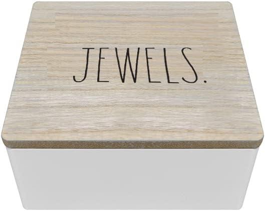 Rae Dunn White Jewelry Box with Natural Wood Lid - Wooden Jewelry Organizer Case for Earring, Necklace, Ring, Watch, Keepsake, Small Accessories - Bedroom Decor and Vanity Storage Organizers "Jewels" (White "Jewels")