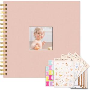 Vienrose Kids Scrapbook Album 10.4"X10.0" with Window Silk Fabric Cover Acid-Free Pages Personalised DIY Photos Scrapbooking for Baby Memory Book, First Year Keepsake Journal Gift Boy Girl, Pink, 10.4"X10.0" 20Sheets