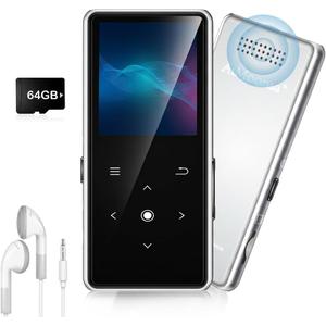 64GB MP3 Player with Bluetooth 5.2, Music Player with Built-in HD Speaker, FM Radio, Voice Recorder, HiFi Sound, E-Book Function, Silver