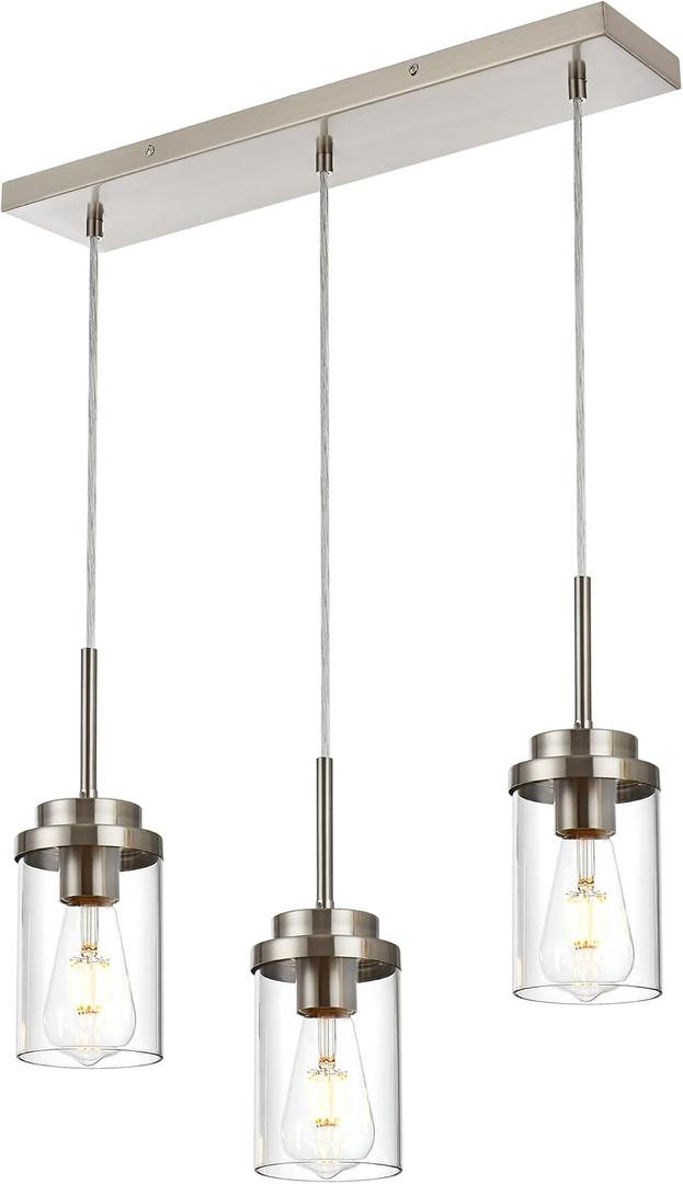 MELUCEE Kitchen Pendant Lighting Over Island 3 Lights Linear Chandelier Brushed Nickel Finish Dining Room Light Fixtures Ceiling Hanging Lamp with Clear Glass Shade, 20.5 Inches Length, 3 Lights-1 Pack Linear