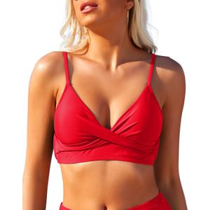 Limeeke Women's Twist Front Bikini Top V Neck Padded Swimsuit Top Adjustable Spaghetti Straps Bathing Suit Tops (Large, Red)