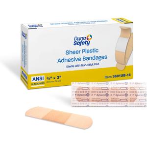 3 x Dynarex Sheer Plastic Adhesive Bandages Water-Resistant and Sterile Non-Stick Pad First Aid Covers Minor Cuts Scratches - 3/4" x 3", 1 Box of 16, 0.75" x 3"