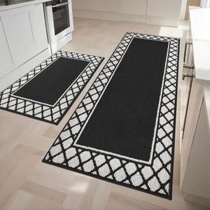 COSY HOMEER Kitchen Rugs Non Slip Washable Kitchen Mats for Floor Absorbent Kitchen Rugs Sets of 2 Kitchen Runner Rugs for Kitchen Carpet Sink Laundry Area Rugs,Black,24" x 35"+24" x 60"