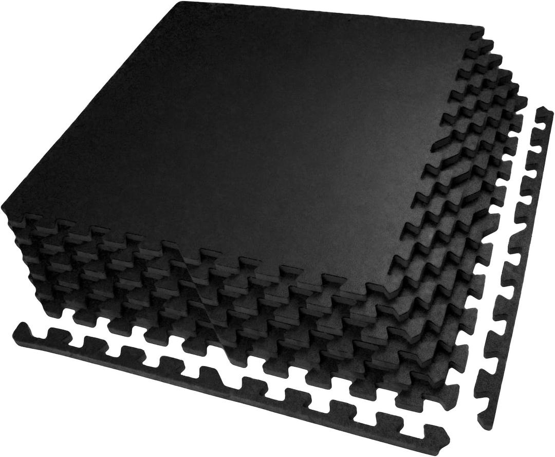 0.56in Thick 24 Sq Ft Exercise Equipment Mats, 6 Tiles Upgraded Rubber Top with High Density EVA Foam, Large Interlocking Puzzle Gym Flooring for Home Gym, Heavy Weight Workout,Black (24 Sq Ft (6 Tiles), Black/No Dots)