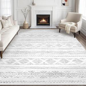 Tortania Area Rug Living Room Rugs - 9x12 Washable Large Soft Neutral Boho Moroccan Bohemian Farmhouse Rug Indoor Floor Carpet for Bedroom Under Dining Table Home Office Decor - Ivory Gray