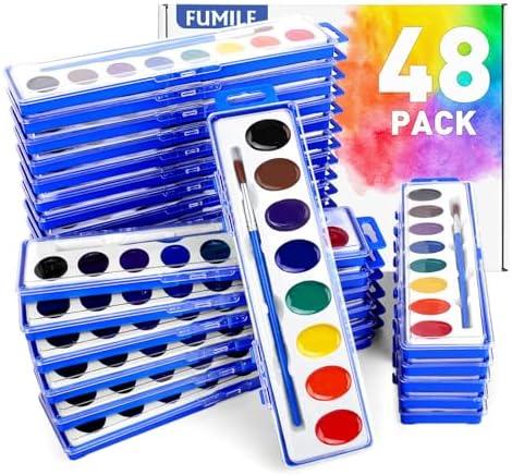 FUMILE Watercolors Paint Set Bulk, 48 Pack 8 Washable Bright Colors with Paintbrush.Watercolors Paint Set Kids for Parties, Art Lessons, Birthday Party Favor, Back to school, All Ages