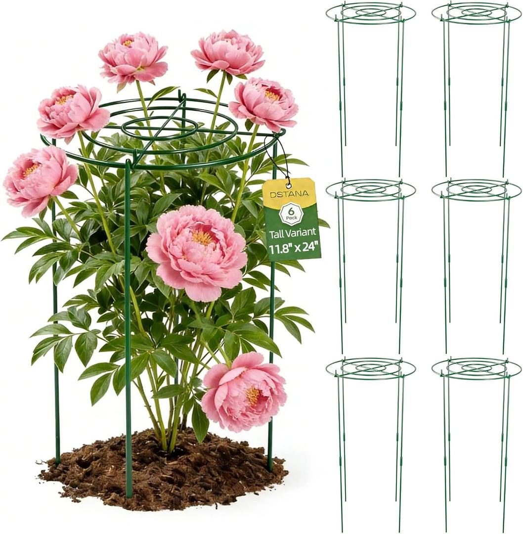 6 Pack Peony Cages and Supports, 12" x 24" Tall Peonies Support Cage, Heavy Duty Metal Peony Stakes and Supports for Rose Hydrangea Flower Plant
