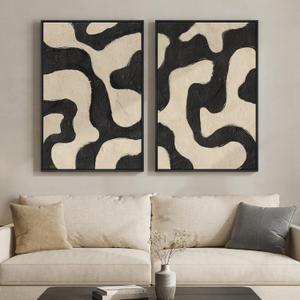 Framed Abstract Beige Black Wall Art for Living Room, Large Neutral Modern Canvas Artwork for Walls, Set of 2 Mid Century Elegant Picture Print for Bedroom Home Office Hallway Wall Decor, 24x36 Inch, 24" W x 36" H x 2Pcs