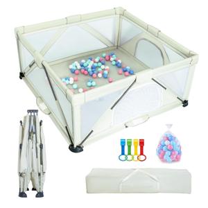Foldable Baby Playpen 59x71inch, iTiLike Playpen for Babies and Toddlers with 50 PCS Ocean Balls & 4 Handles, Indoor & Outdoor Kids Safety Play Pen Area, Portable Travel Play Yard,Beige