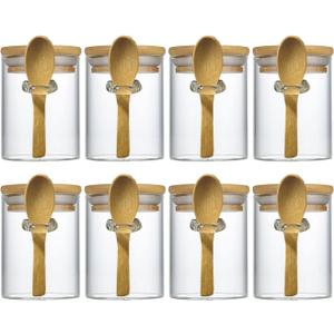 7.6 oz Airtight Mini Glass Jars with Bamboo Lids and Bamboo Spoons, Spice Jars Small Food Storage Containers for Kitchen, Bathroom, Home Decor Set of 8