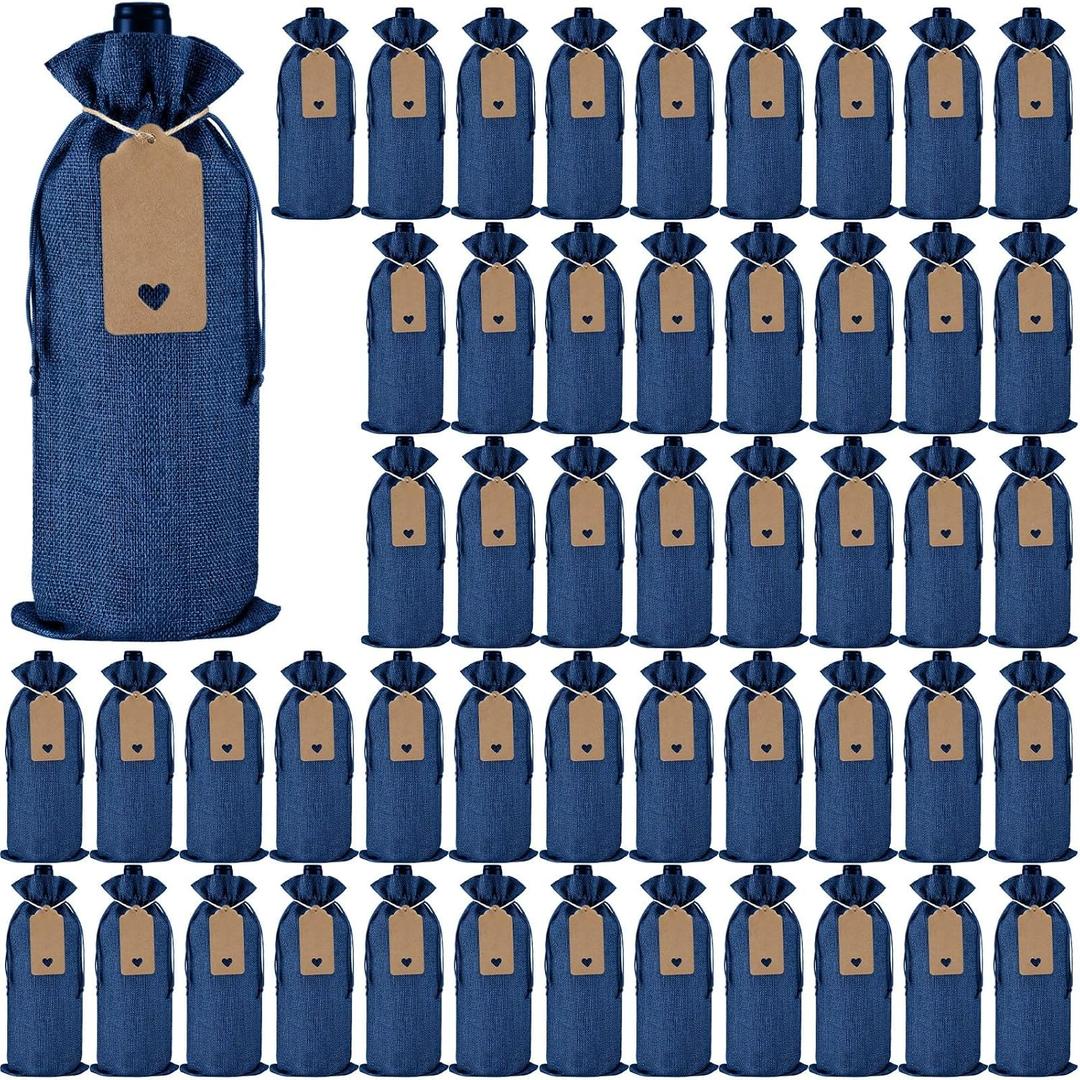 Windyun 50 Pcs Burlap Wine Bag Bulk Gift Bag with Drawstrings, Reusable Wine Bottle Bags with Gift Tags and Ropes for Birthday Holiday Blind Tastings Party Home Storage (Blue)