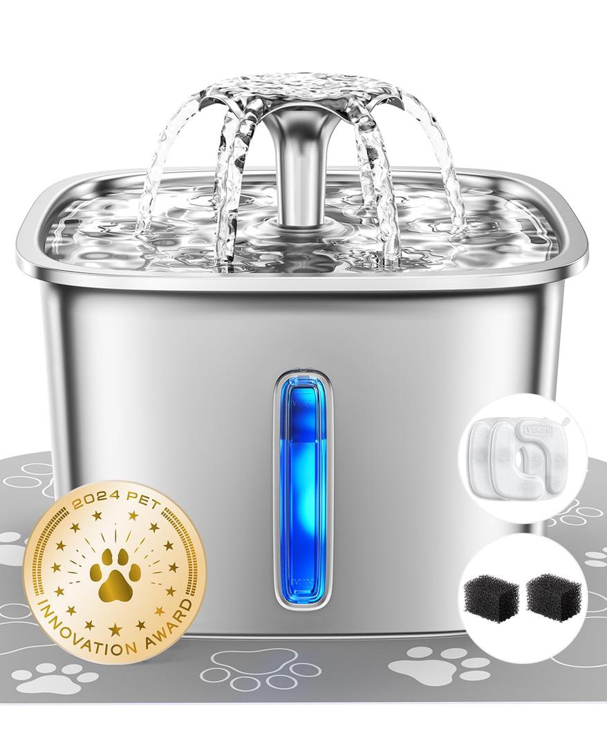 Veken Innovation Award Winner Stainless Steel Cat Water Fountain, 95oz/2.8L Automatic Pet Fountain with 6 Replacement Filters & 6 Pre-Filter Sponges & Silicone Mat for Cats, Dogs (Silver)
