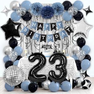 Happy 23rd Birthday Party Decorations for Boys Girls, Dusty Blue and Black Birthday Decorations with Happy Birthday Banner Number 23 Balloons Pom Poms Foil Balloons Curtain Dcor Supplies