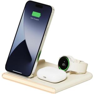 mooas Flip Square 3 in 1 Fast Wireless Charger Charging Nightlight, 2 Color Nightlight Wireless Charger, Compatible with iPhone 15/16/17, Galaxy S24, S25, S26, Apple Watch Galaxy Watch (Cream)