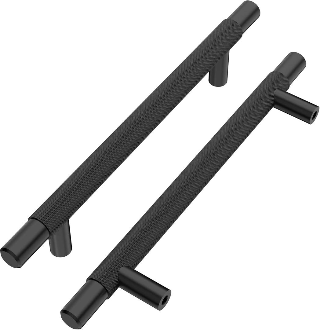 Alzassbg 10 Pack Matt Black Cabinet Pulls, 5 Inch(128mm) Hole Centers T Bar Knurled Kitchen Cabinet Handles for Cabinets AL3015MB