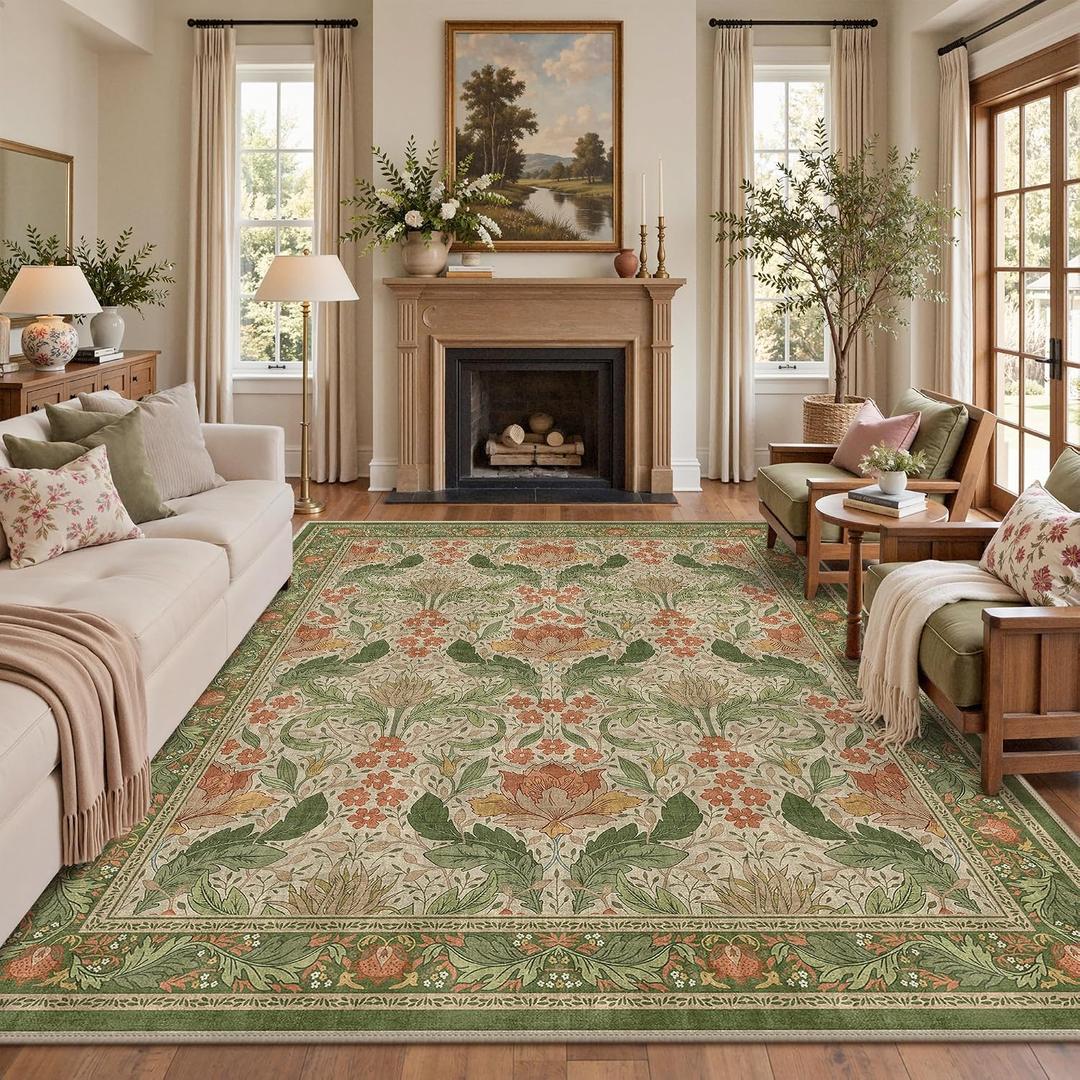 8x10 Green & Orange Vintage Floral Area Rug, Washable for Living Room
