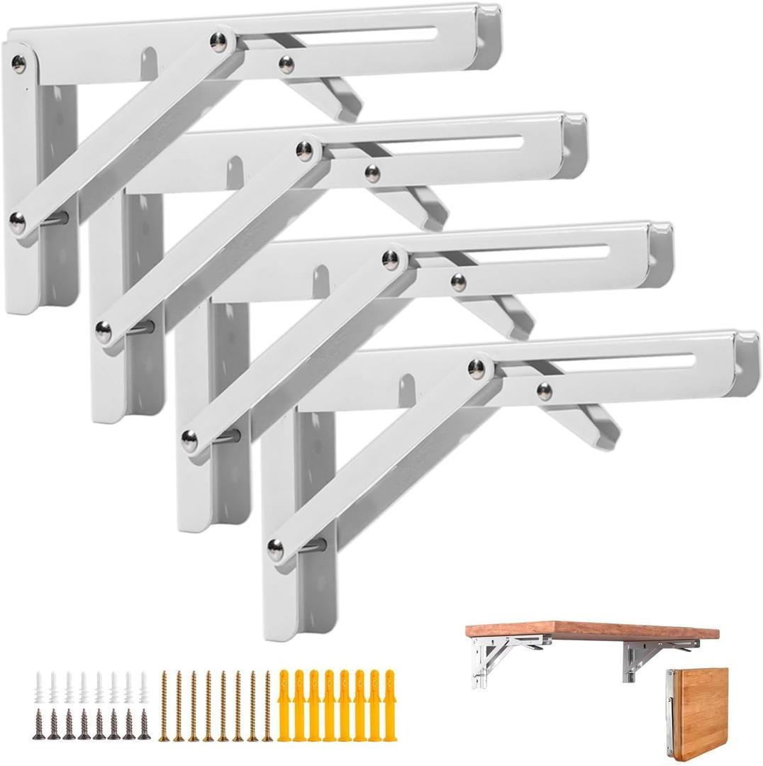 4PCS 14\6" Folding Shelf Brackets, Shelf Brackets Max. Load 220 lb Collapsible Heavy Duty Stainless Steel DIY Wall Mounted Shelf Bracket Space Saving for Work Table Bench(White /14In /4pcs)