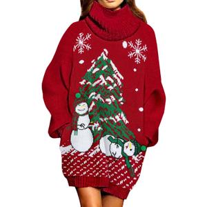 Pink Queen Ugly Christmas Sweater Dresses for Women Oversized Turtleneck Pullover Holiday Dress with Pocket (Red)