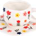 Floral Ceramic Coffee Mug with Saucer - 10oz Chunky Handle Tea Cup, Cute Irregular Pinch Pottery for Latte Cappuccino (White/Colorful Flowers)