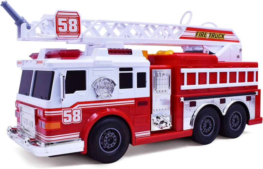 VEBO Fire Truck Motorized with Lights, Siren Sound, Working Water Pump and Rotating Rescue Ladder- Electric, Motorized, Big Fun Size 15", Realistic Design- for Toddlers, Kids Aged 3+ Years Old