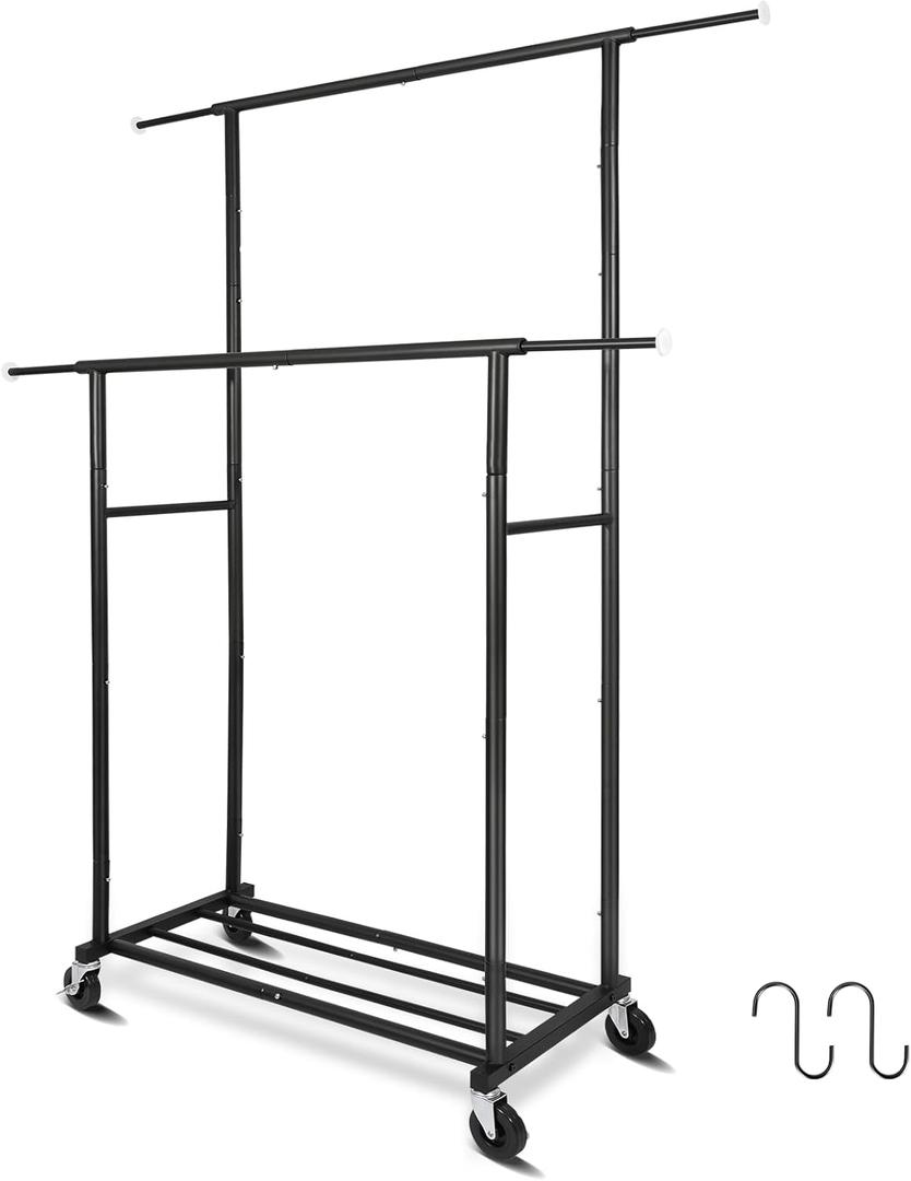Stand Portable Black Double Rods Garment Rack with Rolling Clothes Organizer on Lockable Wheels Mobile, 48" W x 15" D x 67" H, Metal Simple Hanging Clothes with 2 Hook