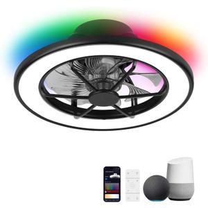 ocioc Low Profile Ceiling Fans with Lights,18 in Smart Ceiling Fans with Alexa/Google Assistant/App Control Color Changing LED-RGB Back Ambient Light for BedroomBlack